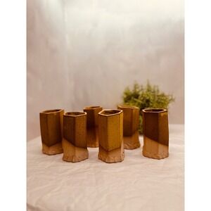 Set of 6 Hexagonal Ceramic Sake Cups Mustard Brown Glaze Studio Pottery Vases